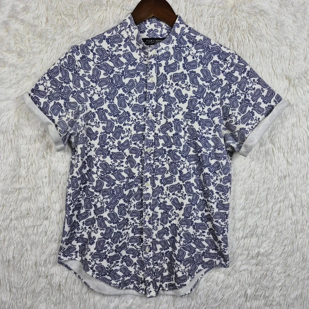 Zara Man Blue Paisley Band Collar Slim Fit Short Sleeve Shirt Mens Medium